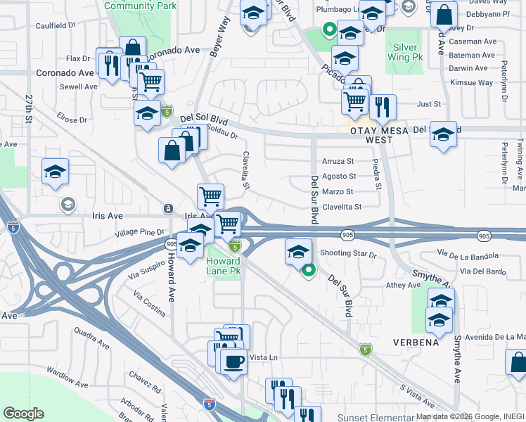 map of restaurants, bars, coffee shops, grocery stores, and more near 1534 Caramay Place in San Diego