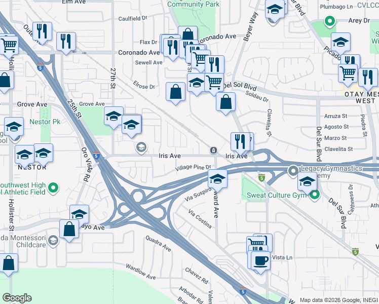 map of restaurants, bars, coffee shops, grocery stores, and more near 2978 Iris Avenue in San Diego