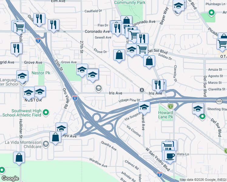 map of restaurants, bars, coffee shops, grocery stores, and more near 2914 Iris Avenue in San Diego