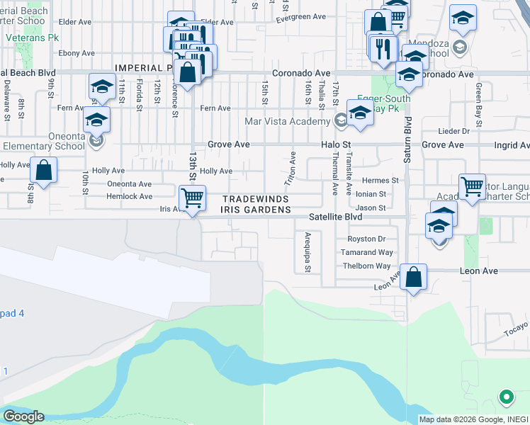 map of restaurants, bars, coffee shops, grocery stores, and more near in Imperial Beach