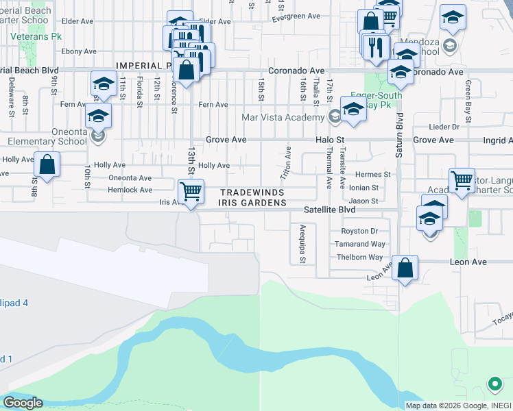 map of restaurants, bars, coffee shops, grocery stores, and more near in Imperial Beach