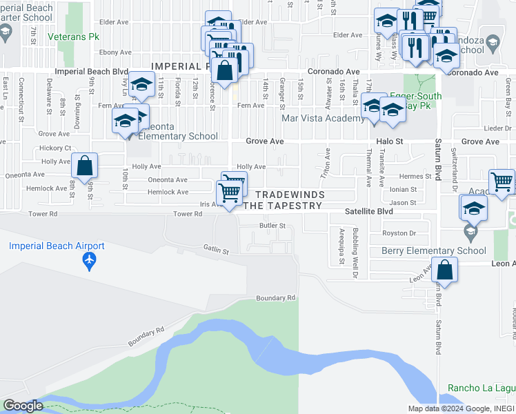 map of restaurants, bars, coffee shops, grocery stores, and more near 1479 14th Street in Imperial Beach