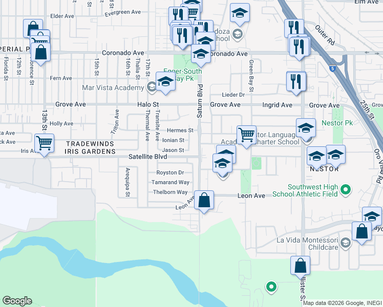 map of restaurants, bars, coffee shops, grocery stores, and more near 1497 Signal Avenue in San Diego