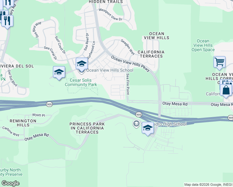 map of restaurants, bars, coffee shops, grocery stores, and more near 5261 Beachfront Cove in San Diego