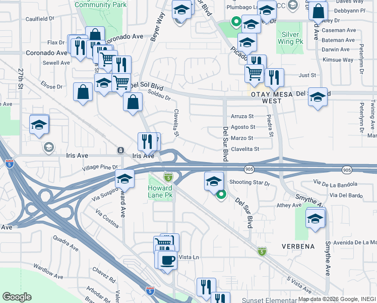 map of restaurants, bars, coffee shops, grocery stores, and more near 1534 Caramay Place in San Diego