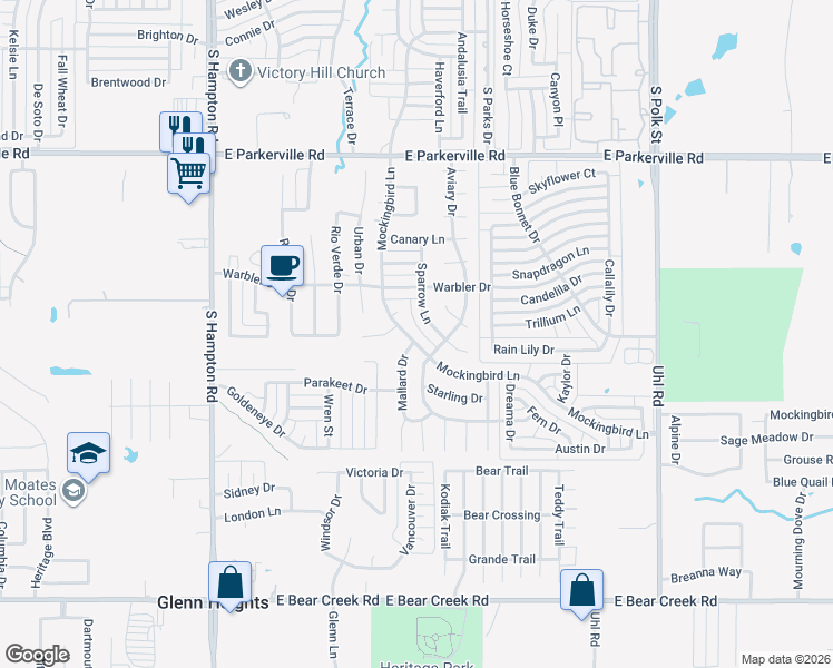 map of restaurants, bars, coffee shops, grocery stores, and more near 1226 Mockingbird Lane in DeSoto
