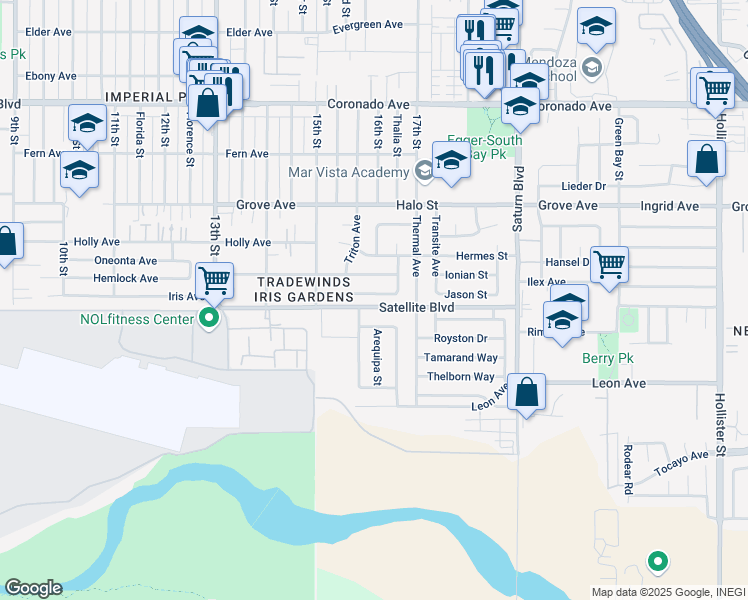 map of restaurants, bars, coffee shops, grocery stores, and more near 1597 Jason Street in San Diego