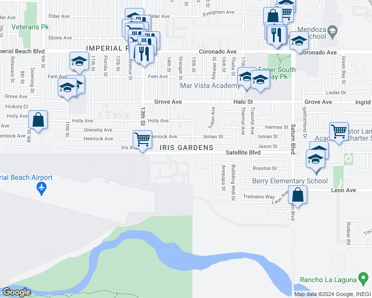 map of restaurants, bars, coffee shops, grocery stores, and more near 1472 Iris Avenue in Imperial Beach