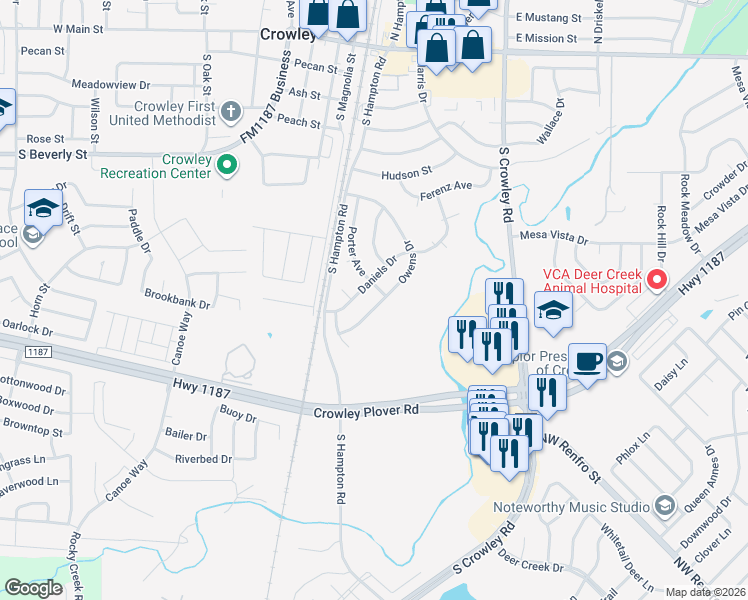 map of restaurants, bars, coffee shops, grocery stores, and more near 708 Owens Drive in Crowley