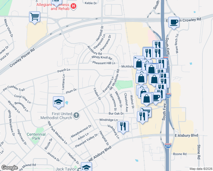 map of restaurants, bars, coffee shops, grocery stores, and more near 848 Evergreen Lane in Burleson
