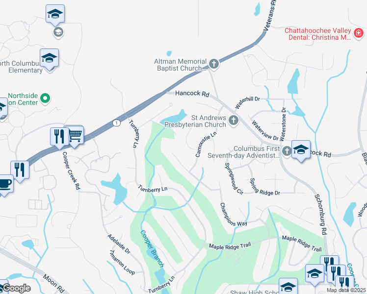 map of restaurants, bars, coffee shops, grocery stores, and more near 5004 Masters Lane in Columbus