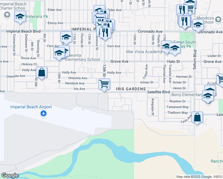 map of restaurants, bars, coffee shops, grocery stores, and more near 1328 Iris Avenue in Imperial Beach
