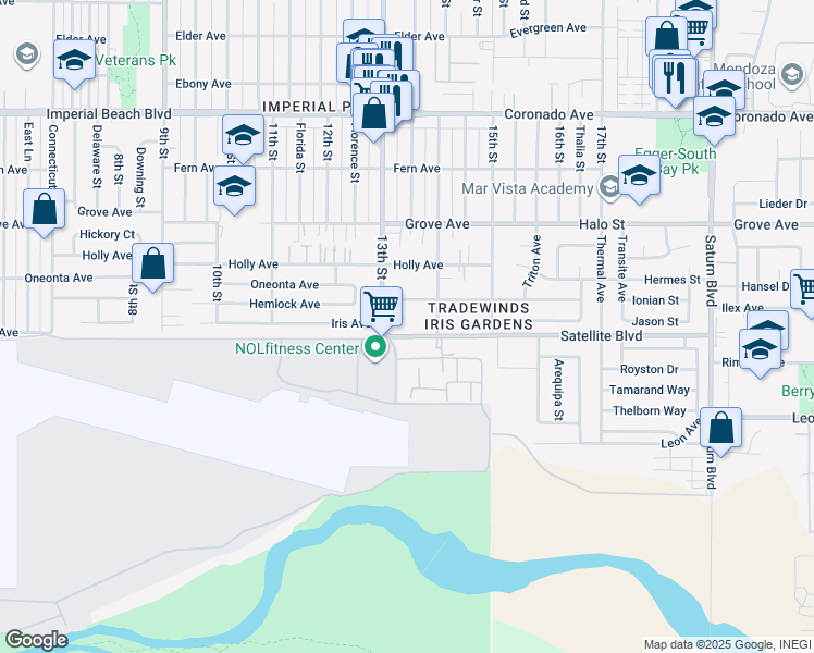 map of restaurants, bars, coffee shops, grocery stores, and more near 1324 Iris Avenue in Imperial Beach