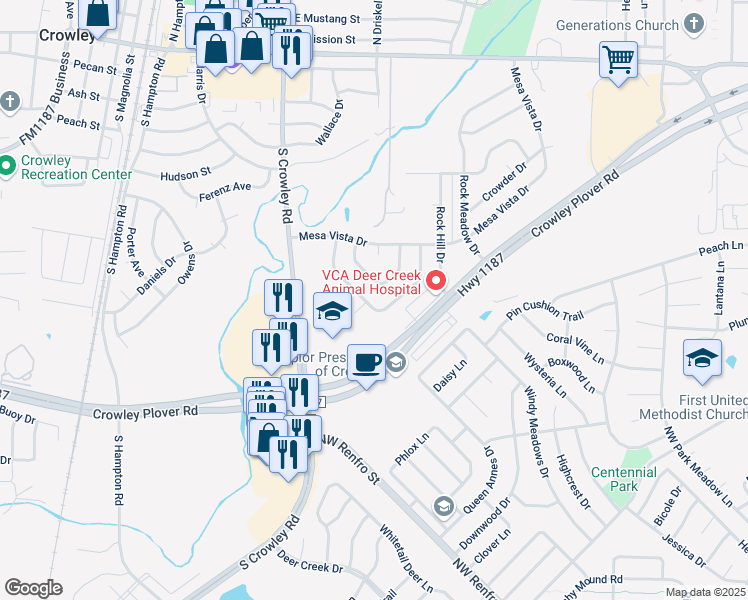 map of restaurants, bars, coffee shops, grocery stores, and more near 169 Adams Drive in Crowley