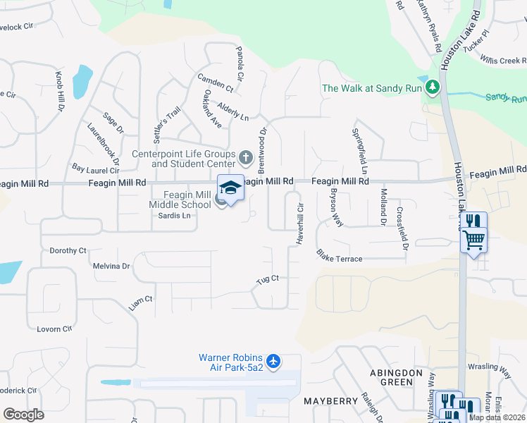 map of restaurants, bars, coffee shops, grocery stores, and more near 227 Worthington Lane in Warner Robins