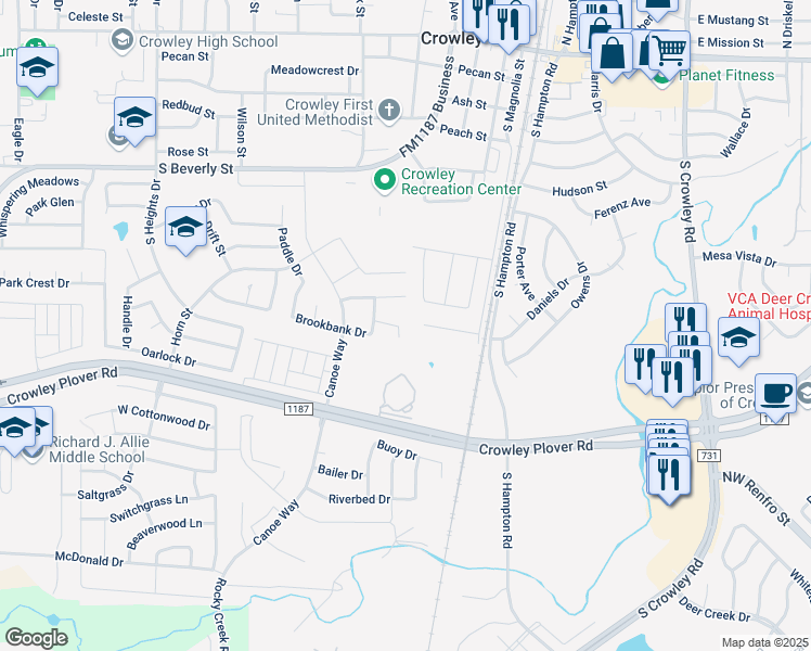 map of restaurants, bars, coffee shops, grocery stores, and more near 513 Mast Court in Crowley