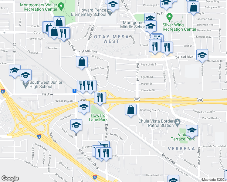 map of restaurants, bars, coffee shops, grocery stores, and more near 1529 Clavelita Place in San Diego