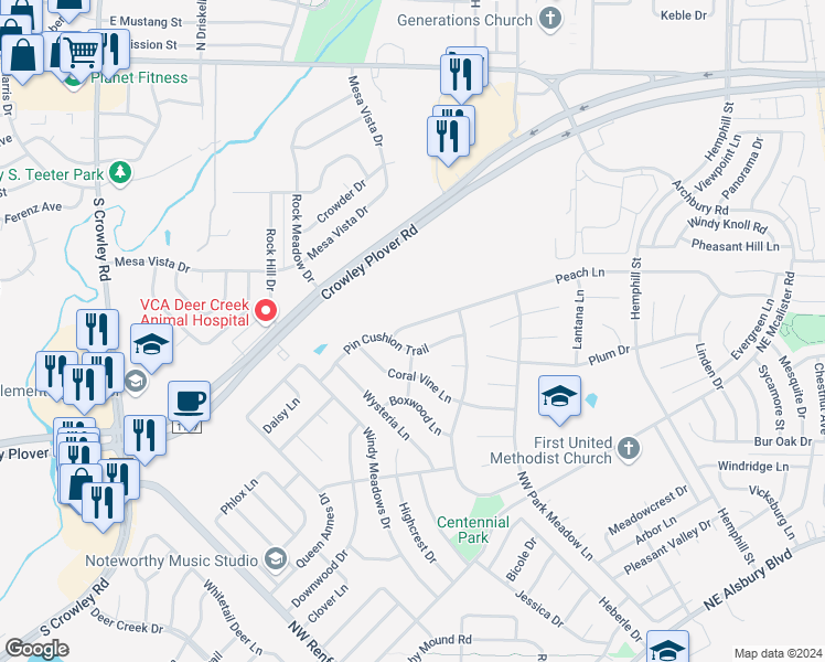 map of restaurants, bars, coffee shops, grocery stores, and more near 416 Peach Lane in Burleson
