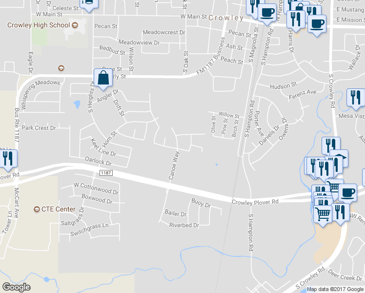 map of restaurants, bars, coffee shops, grocery stores, and more near 497 Brookbank Drive in Crowley