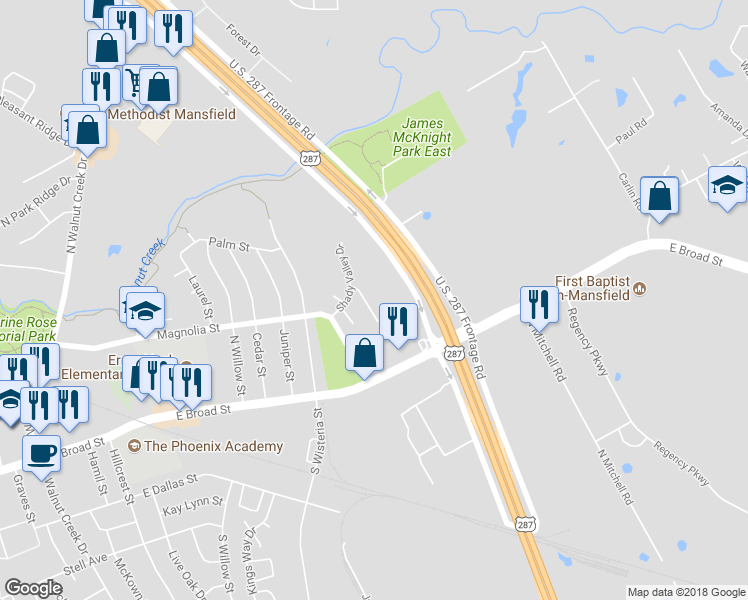 map of restaurants, bars, coffee shops, grocery stores, and more near 28 Shady Valley Court in Mansfield
