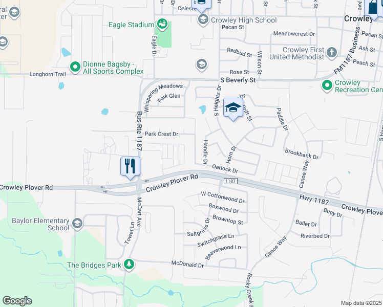 map of restaurants, bars, coffee shops, grocery stores, and more near 628 Swift Current Dr in Crowley