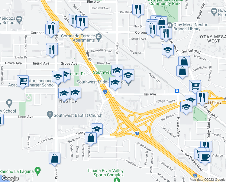 map of restaurants, bars, coffee shops, grocery stores, and more near 1485 25th Street in San Diego