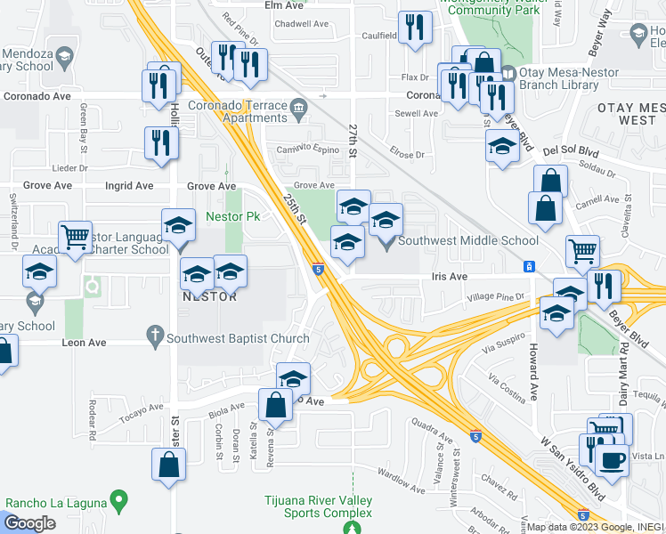 map of restaurants, bars, coffee shops, grocery stores, and more near 1485 25th Street in San Diego