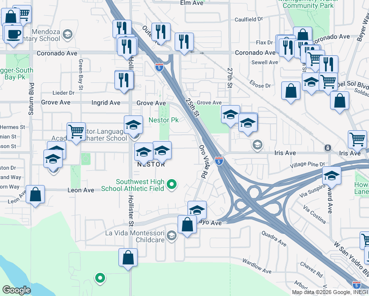 map of restaurants, bars, coffee shops, grocery stores, and more near 1504 Oro Vista Road in San Diego