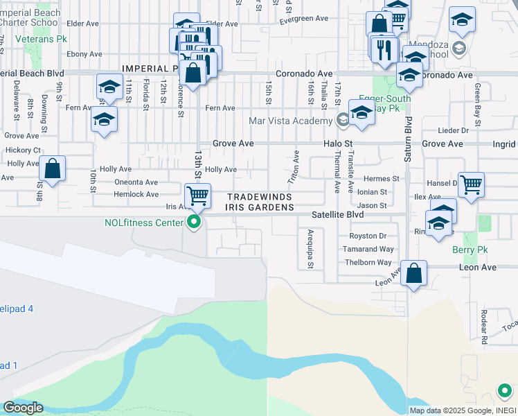 map of restaurants, bars, coffee shops, grocery stores, and more near 1472 Iris Avenue in Imperial Beach
