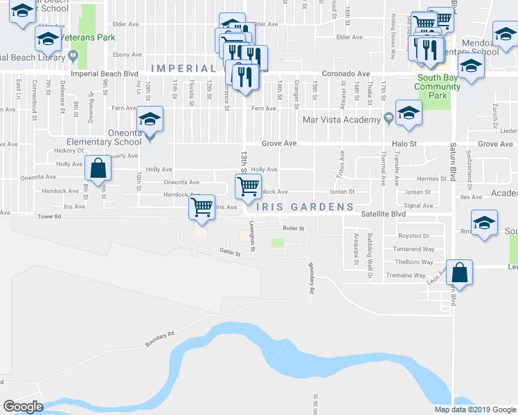 map of restaurants, bars, coffee shops, grocery stores, and more near 1324 Iris Avenue in Imperial Beach