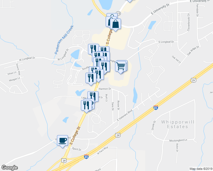 map of restaurants, bars, coffee shops, grocery stores, and more near 147 Harmon Drive in Auburn