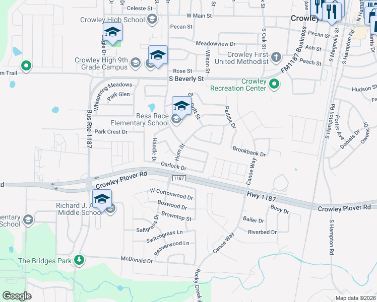 map of restaurants, bars, coffee shops, grocery stores, and more near 692 South Heights Drive in Crowley