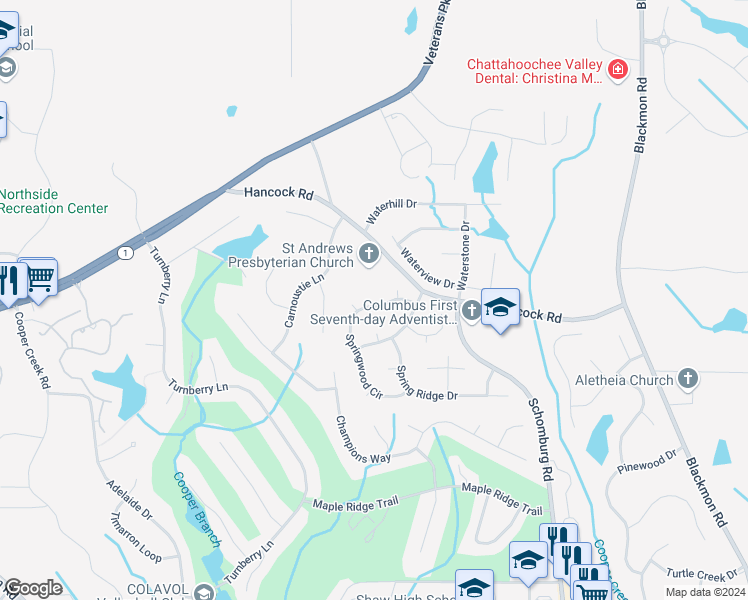 map of restaurants, bars, coffee shops, grocery stores, and more near 4932 Springwood Circle in Columbus