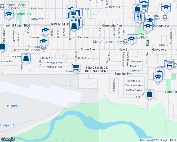 map of restaurants, bars, coffee shops, grocery stores, and more near 1477 14th Street in Imperial Beach