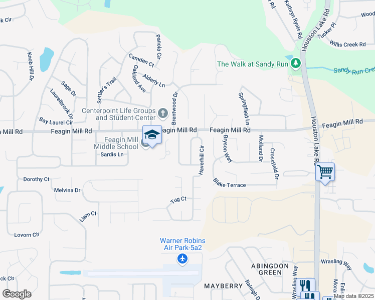 map of restaurants, bars, coffee shops, grocery stores, and more near 111 Haverhill Circle in Warner Robins