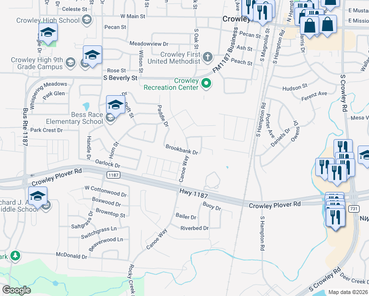 map of restaurants, bars, coffee shops, grocery stores, and more near 517 Canoe Way in Crowley