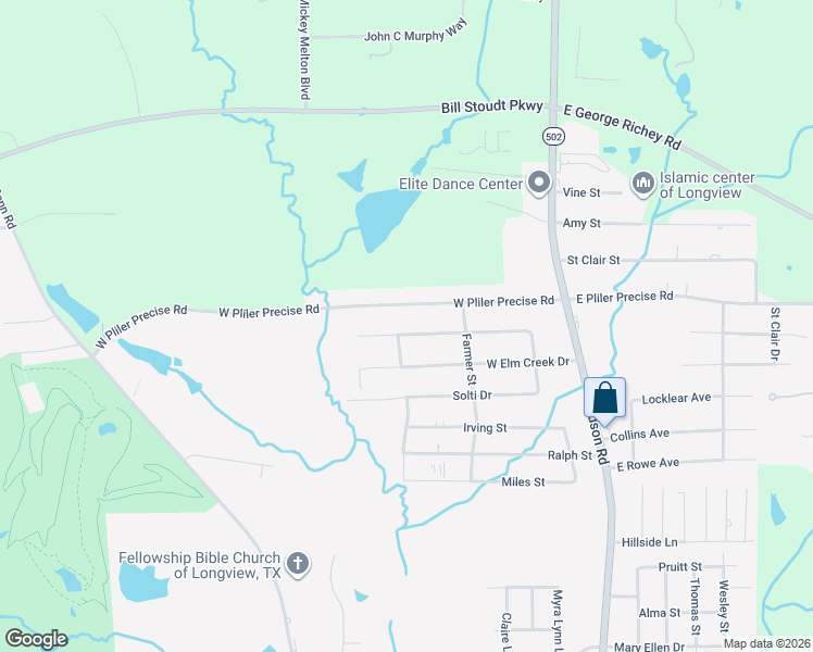 map of restaurants, bars, coffee shops, grocery stores, and more near 317 Harriett St in Longview