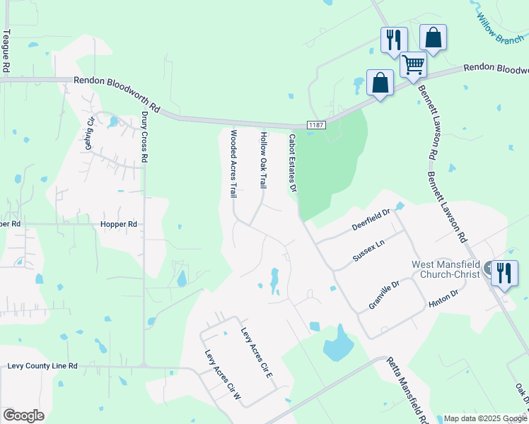 map of restaurants, bars, coffee shops, grocery stores, and more near 7000 Big Rock Court in Mansfield