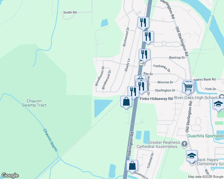 map of restaurants, bars, coffee shops, grocery stores, and more near 506 Shady Ln in Monroe