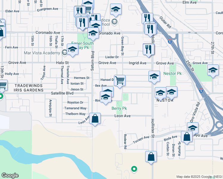 map of restaurants, bars, coffee shops, grocery stores, and more near 2045 Ilex Avenue in San Diego