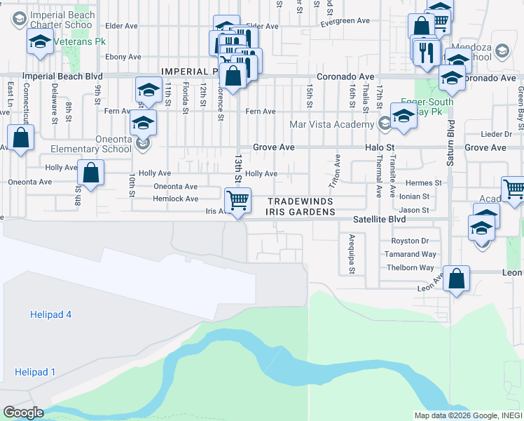 map of restaurants, bars, coffee shops, grocery stores, and more near 1324 Iris Avenue in Imperial Beach