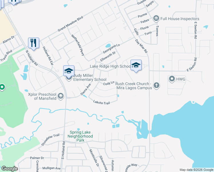 map of restaurants, bars, coffee shops, grocery stores, and more near 4804 Comstock Way in Mansfield