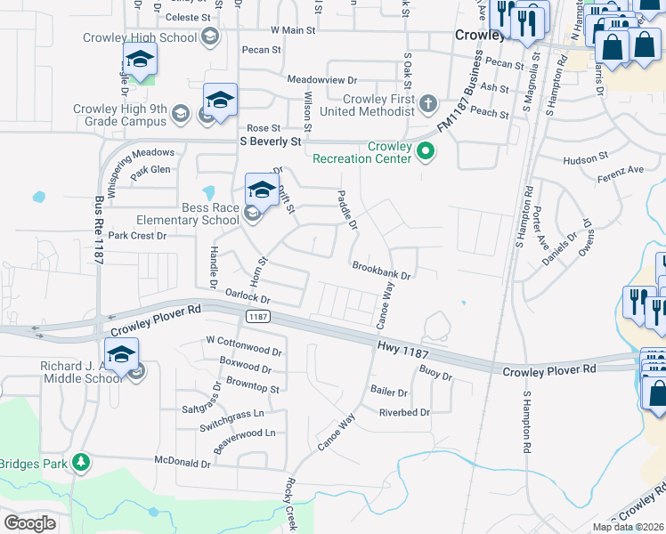 map of restaurants, bars, coffee shops, grocery stores, and more near 541 Creekbend Street in Crowley