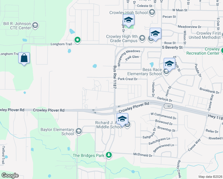map of restaurants, bars, coffee shops, grocery stores, and more near 1516 Farm to Market Road 1187 in Crowley