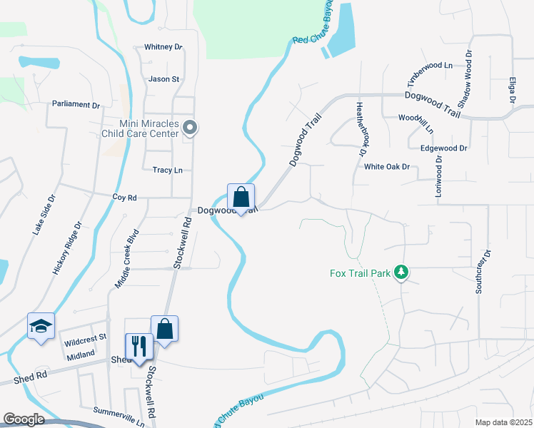 map of restaurants, bars, coffee shops, grocery stores, and more near 102 Dogwood South Lane in Haughton
