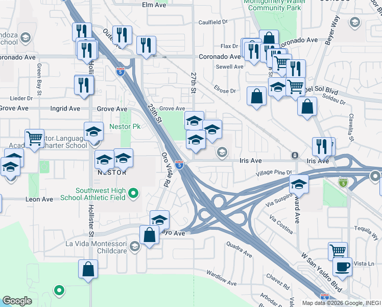 map of restaurants, bars, coffee shops, grocery stores, and more near 1530 27th Street in San Diego