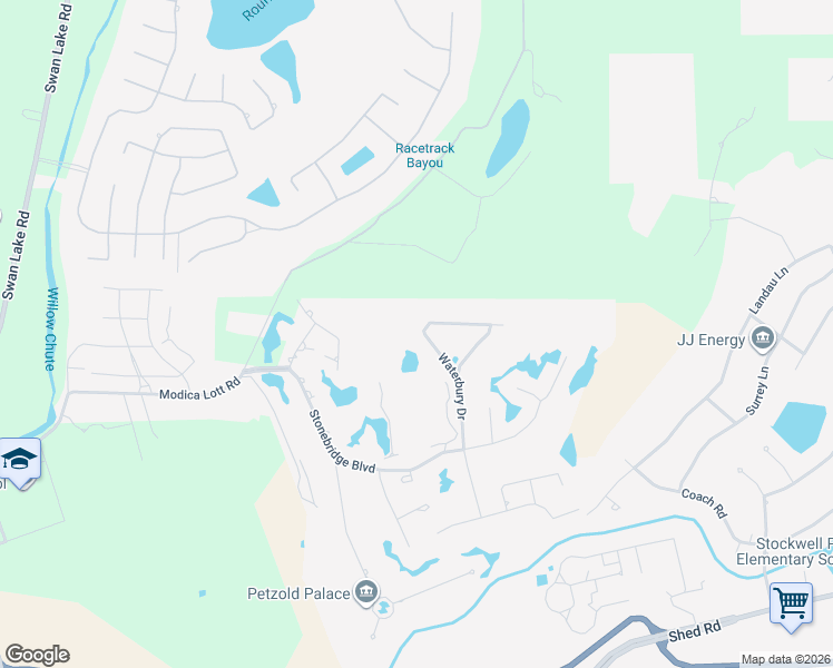 map of restaurants, bars, coffee shops, grocery stores, and more near 40 Waterbury Drive in Bossier City