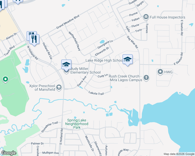 map of restaurants, bars, coffee shops, grocery stores, and more near 4804 Comstock Way in Mansfield