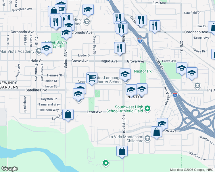 map of restaurants, bars, coffee shops, grocery stores, and more near 2171 Ilex Avenue in San Diego