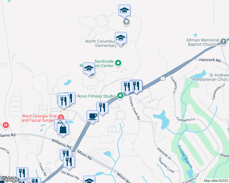 map of restaurants, bars, coffee shops, grocery stores, and more near 8301 Veterans Parkway in Columbus